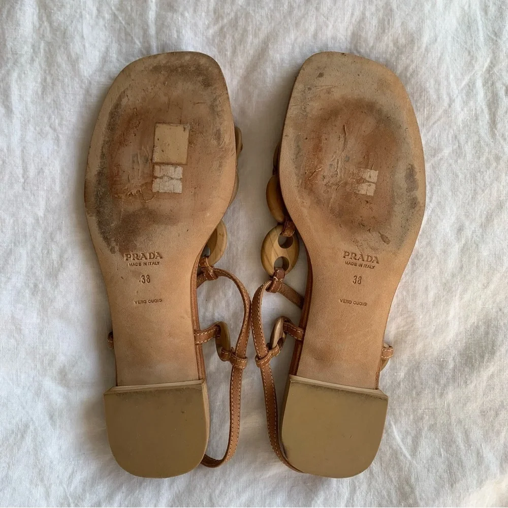 Vintage Prada Wood Leather Thong Square Toe Sandals Tan Brown - Picture 4 of 7